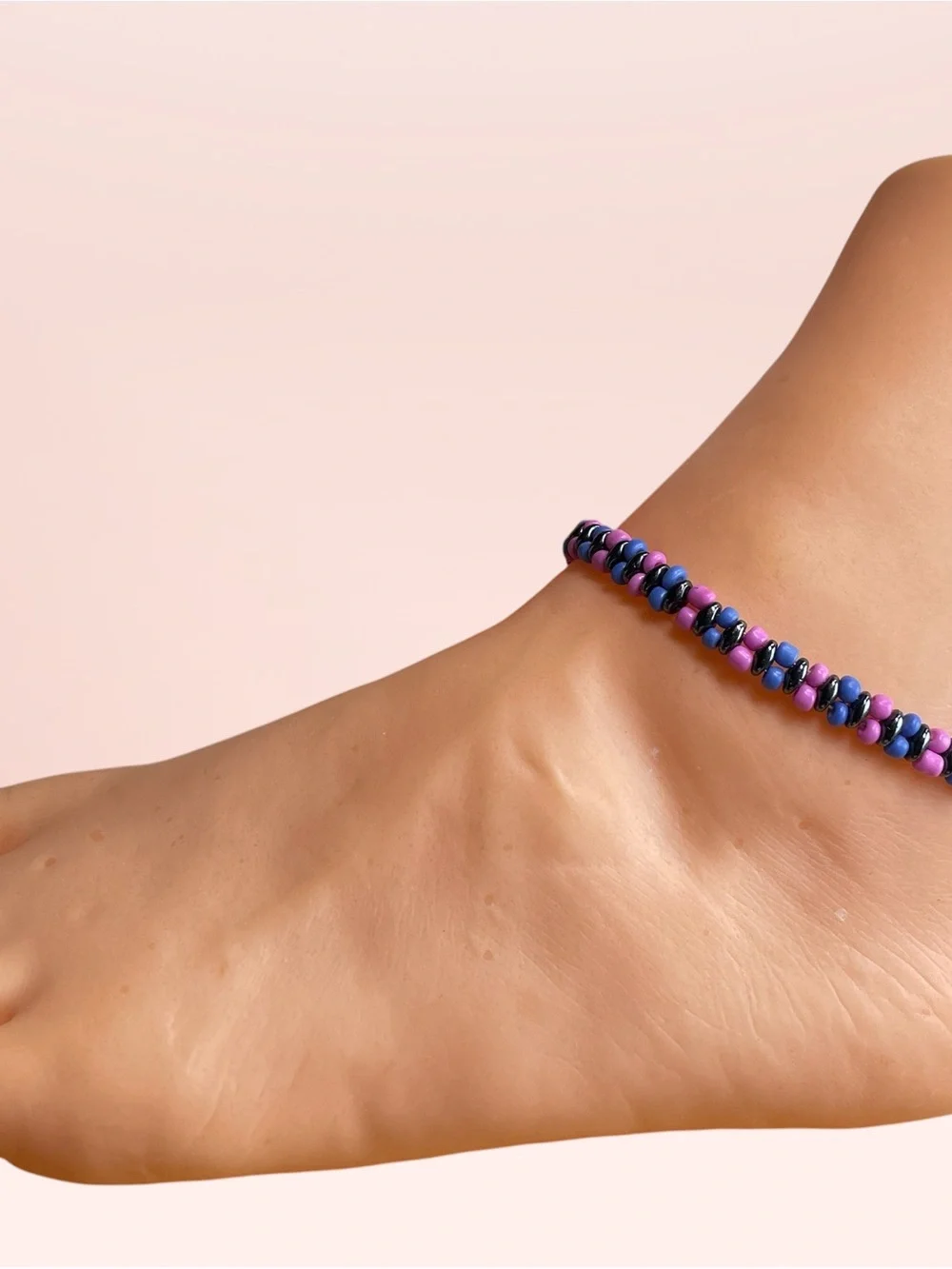 Handmade Pink Blue Black Beaded Anklet